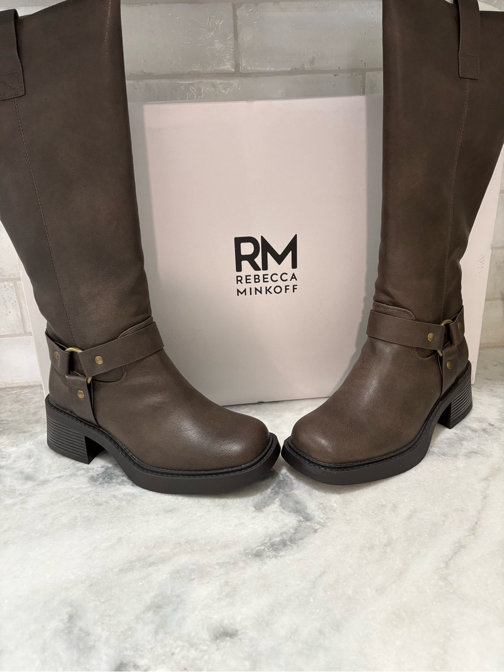 RM Rebecca Minkoff Sona Stacked Heel Motorcycle Boots Brown/Calf Sz 7M NWT - Picture 5 of 7